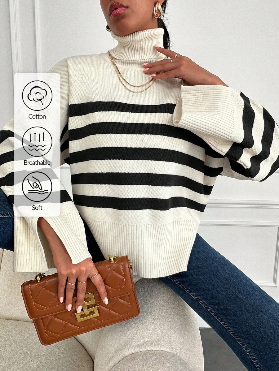 EURMUSE Striped Pattern Turtleneck Drop Shoulder Split Hem Jumper - Beige - View 1
