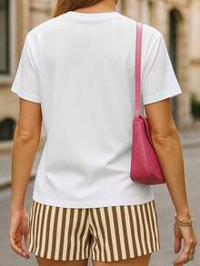 EMERY ROSE Women's Casual Leopard Bow Print T-Shirt And Striped Shorts 2-Piece Set, Summer - White - View 2