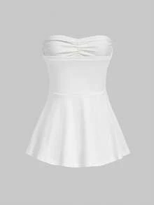 ROMWE Kawaii 女士时尚褶皱五线谱和音符印花抹胸上衣 - 白色 - 查看 2