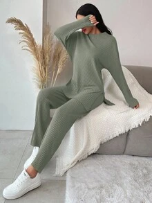 EURMUSE Cotton Women's Solid Color Dropped Shoulder Ribbed T-Shirt And Pants Set - Olive Green - View 5