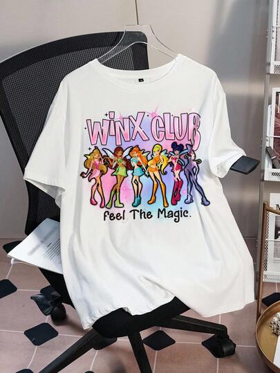 The Winx X SHEIN Plus Size Summer Casual Cartoon Figure Graphic Round Neck Short Sleeve T-Shirt