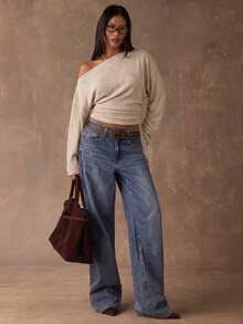 SHEIN BAE 女士休闲纯色褶皱肩长袖T恤，秋季款 - 杏色 - 查看 6