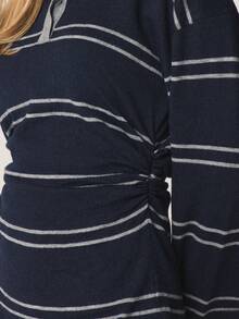 MISSGUIDED Preppy Striped Rugby Collar Long Sleeve Sweater With Cinched Waist And Contrast Grey Trim Details - Navy Blue - View 5