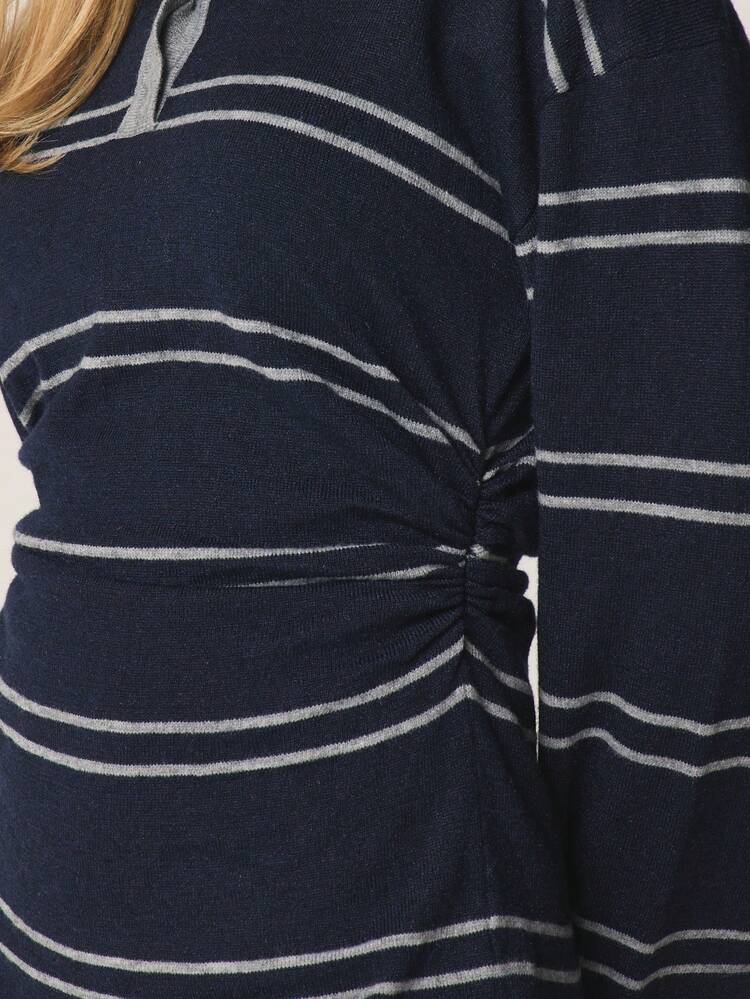 MISSGUIDED プレッピー調 ストライプ ラグビーカラー 長袖セーター ウエストシャーリング コントラストグレートリム付き