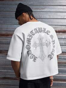 AXEPEAK 男士休闲宽松短袖T恤，白色，饰有手工水钻贴片，夏季款