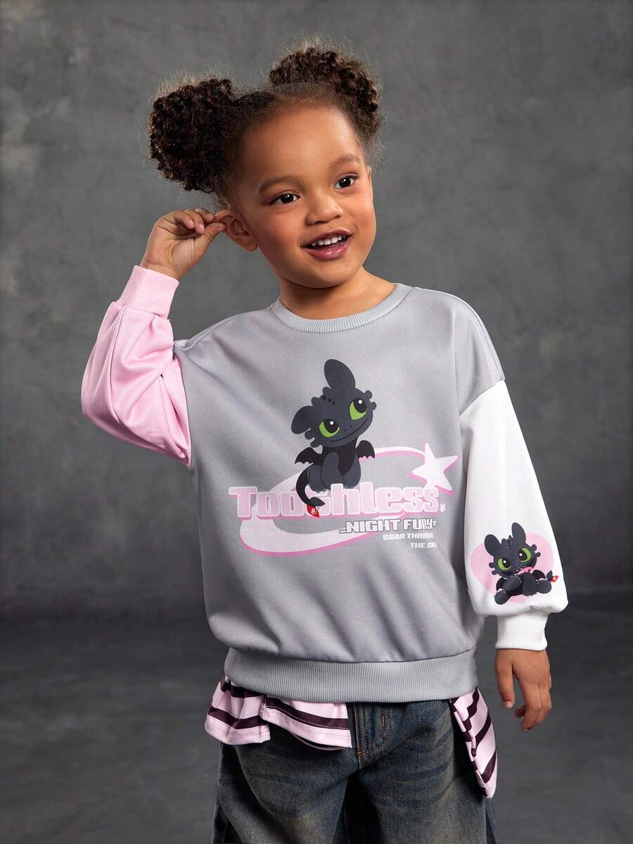 SHEIN How to Train Your Dragon 1pc Young Girl Casual Style Cartoon Pattern Crew Neck Long Sleeve Comfortable Sweatshirt - متعدد الألوان - مشاهدة 1