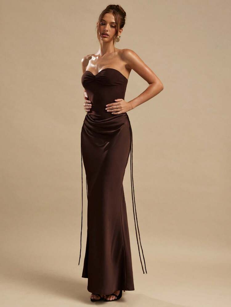 SHEIN BAE Vestido elegante de ajuste ceñido de unicolor marrón sin mangas de malla y satén, adecuado para brunch, atuendo de invitado de boda, vestido formal social, vestido de verano, vestido marrón, vestido de fiesta de boda, vestido formal mini de cumpleaños, vestido elegante - Marrón - Añade 5