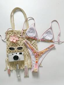 Swim Mod Women's Random Print Halter Metal Decor Bikini Set, Spring/Summer - Multicolor - View 3