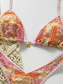 Swim Mod Women's Random Print Halter Metal Decor Bikini Set, Spring/Summer - Multicolor - View 6