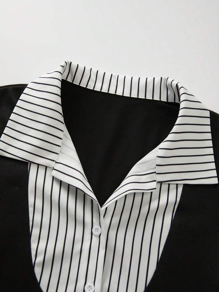 Resyla Camiseta de mujer de verano casual/oficina con estampado de rayas y mangas enrollables 2 en 1 - Negro - Añade 5