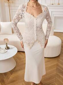 Modelyn Lace Patchwork Square Neck Button Waist Bodycon Midi Dress For Women - Apricot - View 4