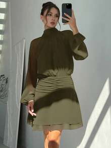 Aloruh Elegant Solid Color Mock Neck Bishop Sleeves Dress, Casual & Party Wear - Army Green - View 4