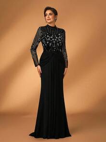 Serin Đầm maxi dài tay dáng đuôi cá sang trọng, đính cườm và sequin, chất liệu vải xuyên thấu, co giãn, họa tiết hoa, thích hợp cho đám cưới, tiệc tùng, kỳ nghỉ, dạ hội, tiệc cô dâu, váy dạ hội cho mẹ cô dâu (đính kết rất cầu kỳ). - màu đen - Xem 5