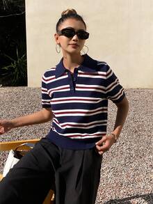 Livesso 女士秋季复古条纹高领毛衣 - 藏蓝色 - 查看 6