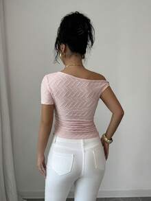 Elenzga Women's Elegant Beach Vacation Knit Asymmetrical Shoulder Top, Pink, Short Sleeve, Fitted, Metal Accent - Purple - View 2