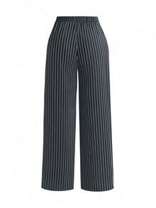 SHEIN PETITE PETITE-D Series Women's Commuter Minimalist Striped Straight Leg Pants - Dark Grey - View 2