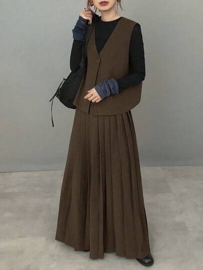 FRIFUL 女式深灰色纯色无袖上衣和百褶裙两件套，秋季