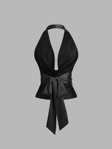 Sweetra Women's Elegant Bow Tie Halter Neck Pleated Satin Camisole - Black - View 2