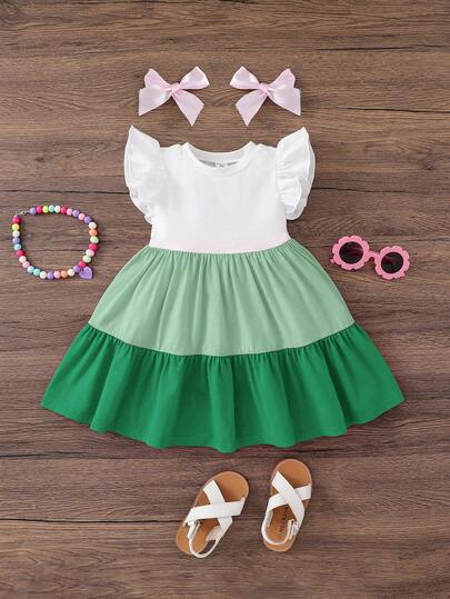 Emery Rose Kids Emery Rose Kids Vestido ajustado con cuello redondo, dobladillo con volantes y bloques de color tejido para niña bebé