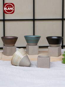 1套100ml创意复古陶瓷意式咖啡杯粗陶茶杯日式拿铁拉花瓷杯家用带底座粗陶个性新款陶杯学校用品返校 - 米色 - 查看 2