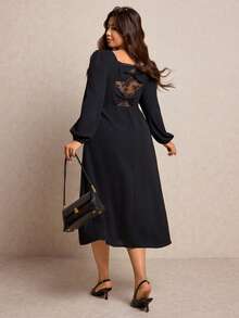 Elaquor Vestido elegante de talla grande con parches de encaje y abertura alta en unicolor para uso diario - Negro - Ver 1