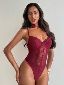 Aloruh 女士优雅V领蕾丝网纱撞色连体衣 - 酒紅色 - 查看 4