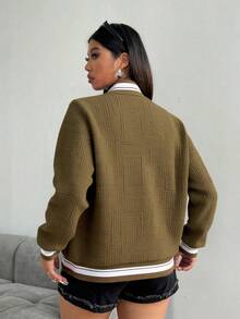 Chaqueta de béisbol para mujeres - lleno de textura de empalme geométrico en relieve, chaqueta de béisbol deportivo casual, adecuada para la academia, comienzo de la escuela y regreso a la escuela - Camel - Ver 2