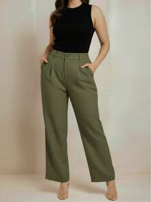 Pantalón formal dama sastrero tiro alto corte recto pierna ancha pretina cierre frontal bolsillos laterales acabado - Militar - Ver 3