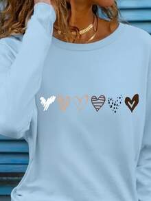 Mujer casual camiseta estampado gráfico love corazón amor día san valentín cerezas cereza enamorados pareja linda tierna cute rayas rayones dibujo letras creativo ajuste regular cuello redondo manga larga primavera erano uso diario comoda fresca ligera - Azul - Ver 2