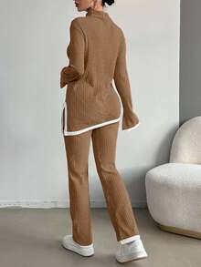 EURMUSE Cotton Contrast Binding Split Hem Tee & Pants - Camel - View 2