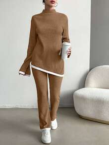 EURMUSE Cotton Contrast Binding Split Hem Tee & Pants - Camel - View 3