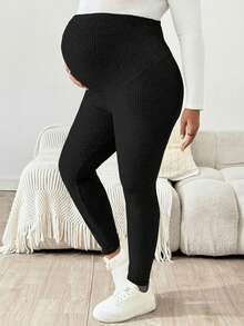 SHEIN Pantaloni skinny in maglia a costine di colore tinta unita, casual e adatti per l'uso quotidiano, con vita regolabile, per donne in gravidanza di taglia curvy - nero - Visualizzare 5