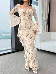 Feyla Women's Sweetheart Collar Flare Sleeve Ruffle Hem Slim Fit Elegant Long Dress, Summer Floral Dress Elegant Sheer Dress - Baby Blue - View 3