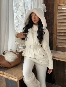 SHEIN EZwear Áo khoác trùm đầu màu mơ cho nữ mùa đông - Màu be - Xem 6