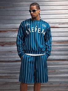 AXEPEAK Bộ đồ nam thường ngày phong cách đường phố, áo sweatshirt cổ tròn dáng rộng vai rớt và quần short cạp chun có dây rút, họa tiết chữ và sọc, bộ quần áo nam mùa xuân/hè/thu, bộ đồ nam màu xanh trắng, bộ 2 mảnh nam màu xanh trắng, bộ hai mảnh nam màu xanh dương, bộ 2 mảnh nam kẻ sọc. - Nhiều màu - Xem 6