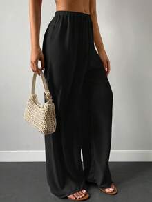 EURMUSE Solid Elastic Waist Wide Leg Trousers - Black - View 3
