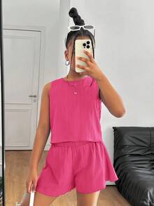 2件組 青少年女孩休閒紋理布料蝴蝶結露背背心上衣與短褲套裝 - 玫紅色 - 查看 4