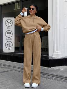 EURMUSE Women Oversize Sweatshirt With Wide Leg - Beige - View 1