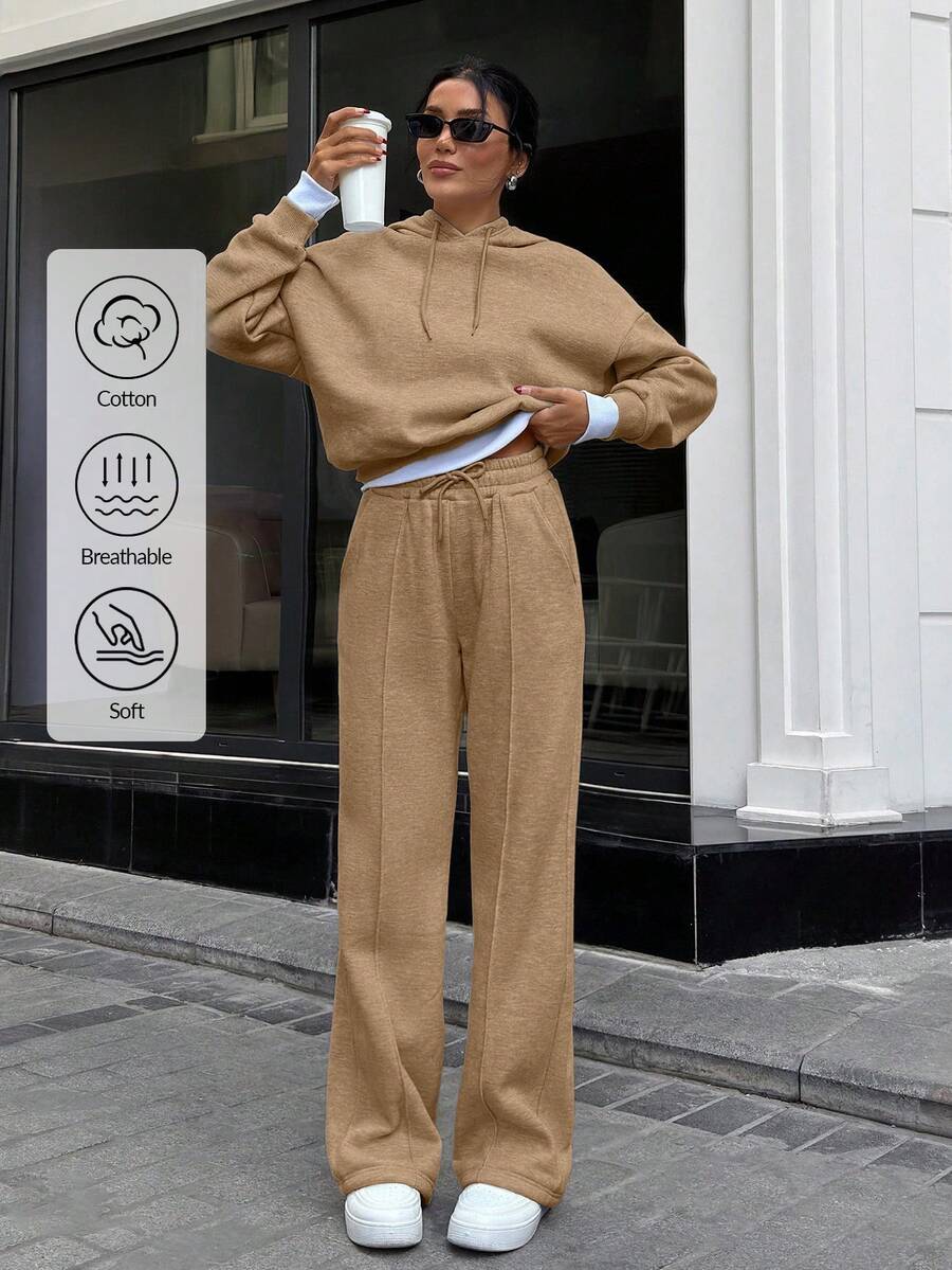 EURMUSE Women Oversize Sweatshirt With Wide Leg - Beige - View 1