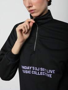 SURIMA Stylish 's Half Placket Zipper Detail Sweatshirt With Letter Pattern Stand Collar And Long Drop Shoulder Sleeves - Black - View 5