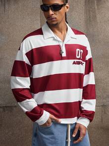 AXEPEAK Casual Street Hip Hop Striped Contrast Color Loose Long Sleeve Men's Polo Shirt - Red - View 4