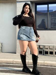 SHEIN ICON Váy ngắn denim dáng rộng thời trang mùa hè cỡ lớn, phối họa tiết ngôi sao, túi lệch vai. - Màu xanh bụi bặm - Xem 6