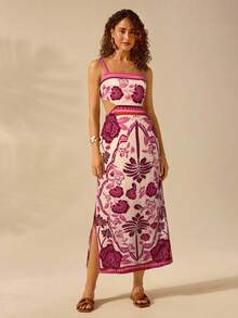 CAJUNI 女士波西米亚风印花露背系带开衩连衣裙，休闲度假夏季连衣裙 - 彩色 - 查看 6