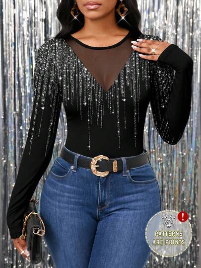 SHEIN Lady Camiseta de mujer de manga larga, cuello en V, ajustada, cómoda y cálida, con estampado de flecos brillantes, adecuada para otoño/invierno, de estilo vintage, elegante y versátil para el Año Nuevo