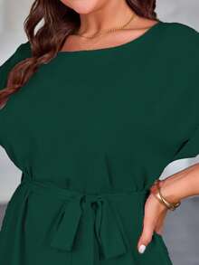 SHEIN Clasi Plus Size Women's Woven Regular Spring/Summer Casual Waist Tie Sleeve Round Neck Lotus Root Pink Dress - Green - View 6