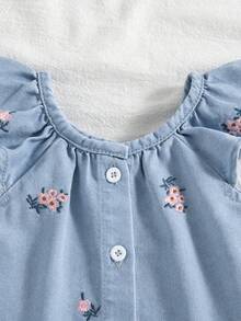 Vintaside Kids Baby Girls' 2-Piece Summer Set, Charming & Cute French Countryside Style, Cap Sleeve Top + Floral Embroidered Ruffle Hem Shorts, Soft Fabric, Versatile Outfit, Pairs Well With Sandals & Sunscreen, Perfect For Outings And Photo Shoots, Ideal For Little Princesses - Light Wash - View 4