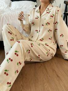 Dream Adore 条纹樱桃印花翻领长袖长裤女士睡衣套装 - 黃色 - 查看 6