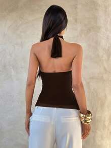 Aloruh Women's Elegant Multi-Layer Ruffle Trim Stand Collar Fitted Tank Top - Coffee Brown - View 2