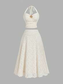 SHEIN MOD 大码女式蕾丝金属扣吊带上衣和长裙套装 - 杏色 - 查看 10