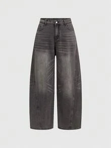 ROMWE Jeans anchos básicos de estilo vintage lavado punk de talla grande - Gris Oscuro - Ver 1